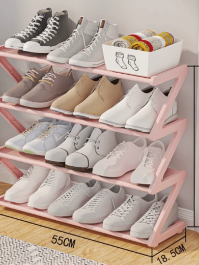 Estantería para zapatos de 4 niveles con forma de Z, cajas de almacenamiento de plástico duradero independientes, diseño curvo, estantería de almacenamiento multifuncional, fácil montaje sin herramientas, diseño compacto, adecuado para sala de estar o dormitorio, apilable y ahorra espacio, cajas para zapatos, estantería vertical para zapatos