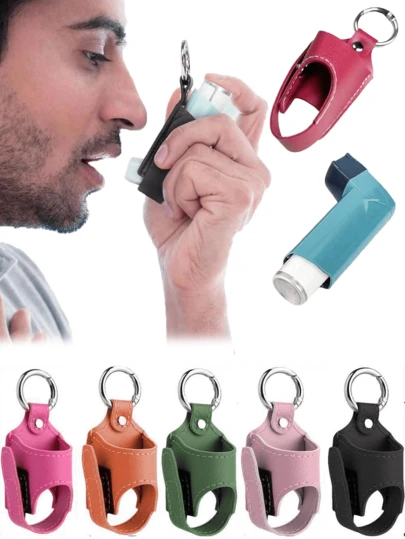 1 pieza Bolsa de almacenamiento para inhalador de asma para adultos, Estuche portátil de cuero de PU para botella de spray para la tos, Caja de inhalador de asma portátil, Excluye inhalador, Bolsa de almacenamiento para botella de spray, Estuche portátil para medicamentos, Caja de cuero (solo bolsa de almacenamiento), Soporte para inhalador y spray para la tos