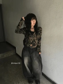Spring Clothing, Tops, Polka Dot Hoodie, American Military Camouflage Pattern, Cropped, Women's, Double Zipper, Short Length, Oversized, Loose Fit, Slimming Effect, Street Style, Sweet And Edgy, Retro, Casual, Cute For Adults. - 迷彩色 - 查看 5