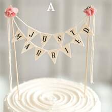 1pc Non-Edible "Just Married" Cake Topper Decoration, Colorful Double-Sided Fabric Flag Banner For Wedding Cake Decor - Style 3 - View 5