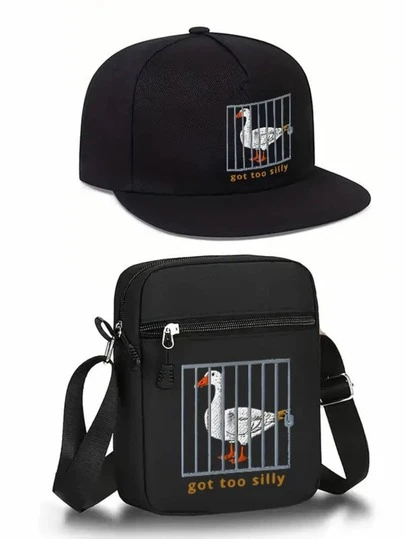 1pc/2pcs Funny Goose Cage Printed Baseball Cap And Crossbody Bag Set, Streetwear Style Fashion Outdoor Sports Adjustable Flat Brim Cap And Shoulder Bag, Gift For Friends And Anniversary