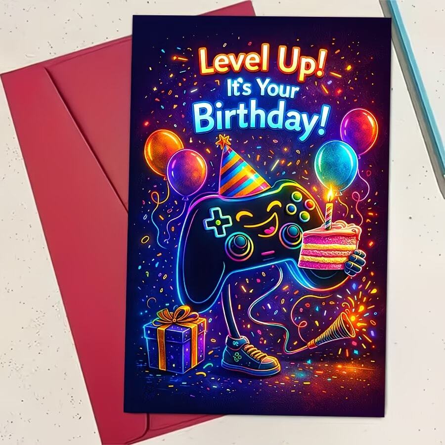1 张贺卡 + 1 个信封，1 张电子游戏爱好者生日贺卡，送给青少年男孩，庆祝他的生日，贺卡图案包含游戏手柄、蛋糕、气球和礼物。