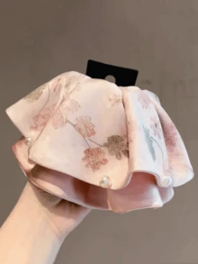 1pc Delicate Printed Satin Pearl Hair Claw Clip, Gentle Elegant Retro Bun Clamp For Ponytail - Multicolor - View 9