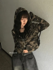 Spring Clothing, Tops, Polka Dot Hoodie, American Military Camouflage Pattern, Cropped, Women's, Double Zipper, Short Length, Oversized, Loose Fit, Slimming Effect, Street Style, Sweet And Edgy, Retro, Casual, Cute For Adults. - 迷彩色 - 查看 1