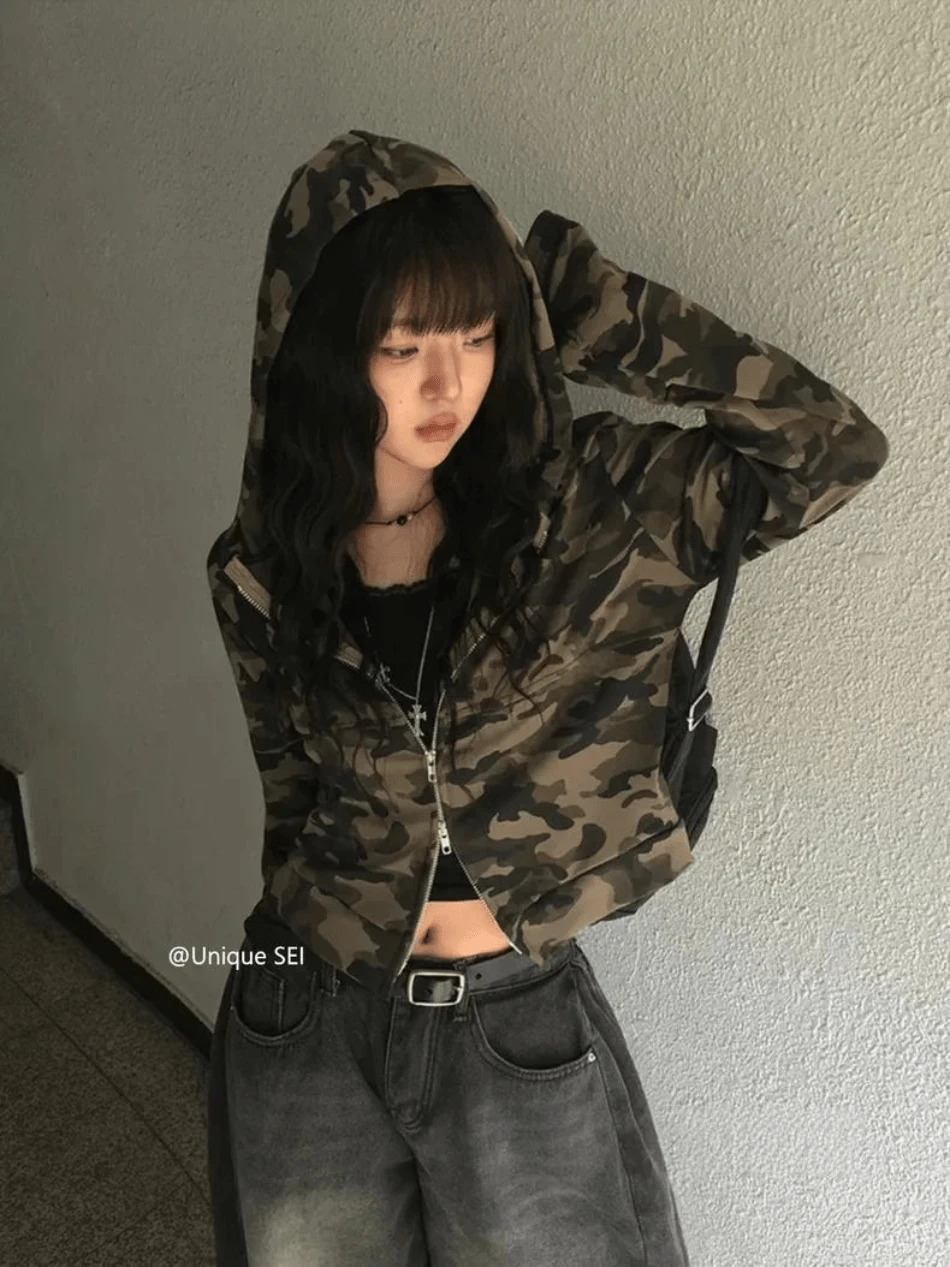 Spring Clothing, Tops, Polka Dot Hoodie, American Military Camouflage Pattern, Cropped, Women's, Double Zipper, Short Length, Oversized, Loose Fit, Slimming Effect, Street Style, Sweet And Edgy, Retro, Casual, Cute For Adults. - 迷彩色 - 查看 1