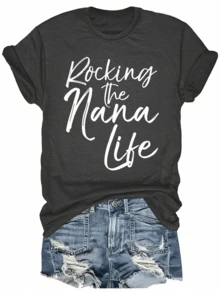[Mother's Day Gift, Rocking The Nana Life] Soft & Comfortable Women's T-Shirt - Rocking The Nana Life   Casual Short Sleeve Round Neck Top, Black With White Letter Print, Perfect Mother's Day Gift For Grandma, Spring Casual Wear - 灰色 - 查看 1