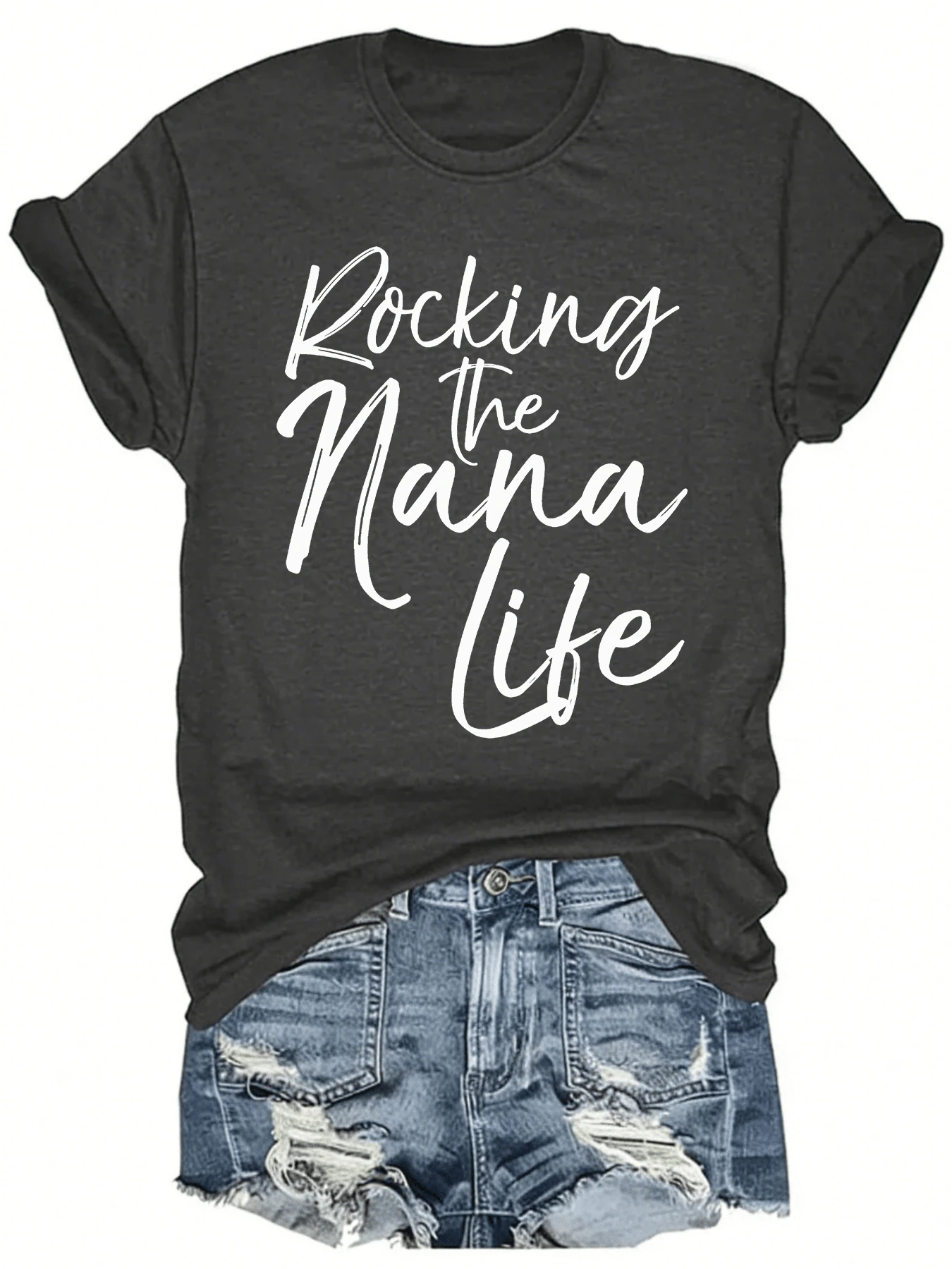 [Mother's Day Gift, Rocking The Nana Life] Soft & Comfortable Women's T-Shirt - Rocking The Nana Life   Casual Short Sleeve Round Neck Top, Black With White Letter Print, Perfect Mother's Day Gift For Grandma, Spring Casual Wear - 灰色 - 查看 1