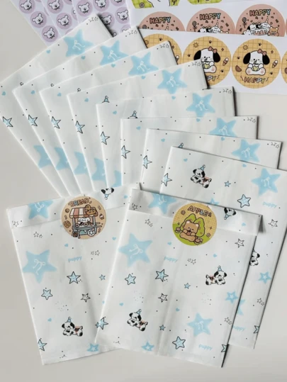 200pcs 4.7x6.7 Inch Gift Packaging Bags, Including Holiday Gift Packaging Paper Bags, High-End Packaging Paper Bags, Accessory Small Gift Paper Bags, Puppy And Star Pattern Paper Bags, Party Gift Packaging Bags, And Creative DIY Decorative Gift Paper Bags, Suitable For Valentine's Day, Weddings, Birthdays, Party Gift Bags, And Gift Packaging Paper Bags
