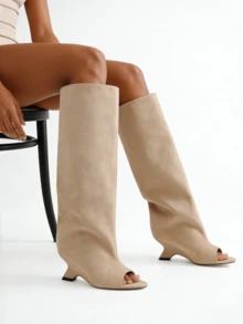 Women's Knee High Boots Wide Calf Square Toe Stiletto Heels Tall Boots Pull On Kitten High Heel Long Fashion Casual Cute Y2K Booties - 杏色a - 查看 6