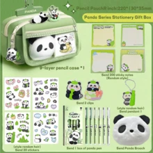 47 piezas/215 piezas Juego de papelería de 7 piezas con diseño de panda - Panda - Útiles escolares - Incluye muñeco de peluche de panda, pegatinas y estuche para lápices - Artículos esenciales para volver a la escuela - Verde Oliva - Ver 22