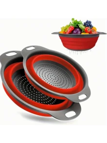 Round Collapsible Silicone Colander Set - Includes 1 Large And 1 Small, Perfect For Draining Pasta, Vegetables And Fruits (Green, Red, Blue), Kitchen Tool Household Items - Multicolor - View 13