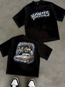 Artwork Shows Homies Cruising In A Classic Lowrider Car A Symbol Of Friendship And Loyalty Perfect For Hip Hop Streetwear Fashion Loving Adults Casual Fit Double Sided Graphic Adult Apparel - Black - View 5