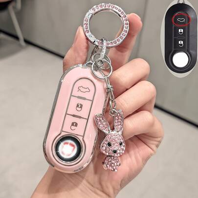 Vỏ bọc chìa khóa Fiat kèm móc khóa hình thỏ đính đá, bảo vệ toàn diện chống rơi vỡ, mặt dây chuyền hình thỏ đính đá sáng bóng, phụ kiện móc khóa chống thất lạc cao cấp, quà tặng lễ Phục Sinh.