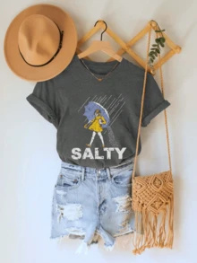 Women's Summer Salty Girl Graphic Print Round Neck Short Sleeve Casual Everyday Plus Size T-Shirt Top, Comfortable And Loose, Fashionable Everyday Top, Suitable For Casual And Simple For Daily Wear - Xám - Xem 2