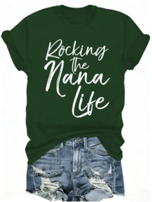 [Mother's Day Gift, Rocking The Nana Life] Soft & Comfortable Women's T-Shirt - Rocking The Nana Life   Casual Short Sleeve Round Neck Top, Black With White Letter Print, Perfect Mother's Day Gift For Grandma, Spring Casual Wear - 綠色 - 查看 1