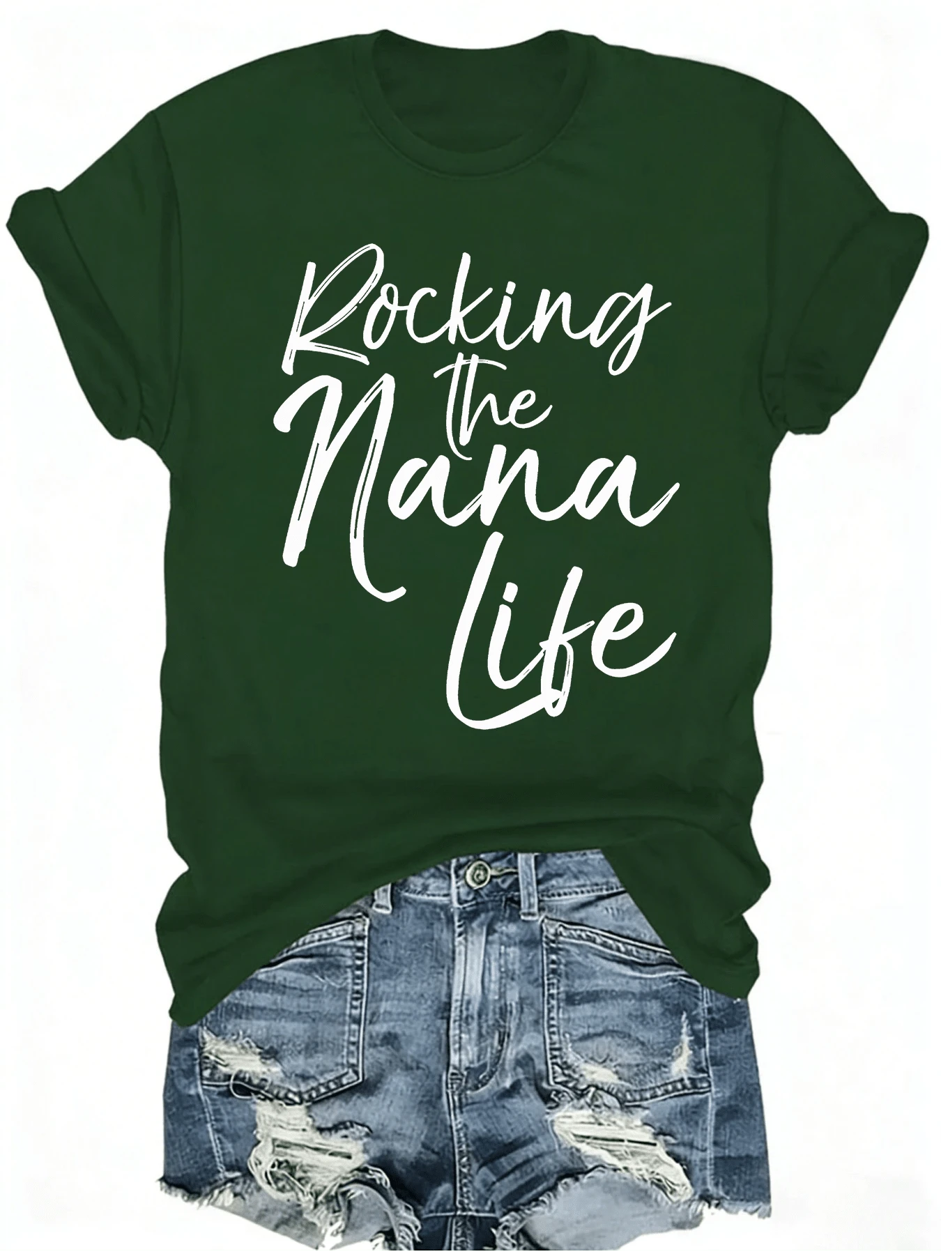 [Mother's Day Gift, Rocking The Nana Life] Soft & Comfortable Women's T-Shirt - Rocking The Nana Life   Casual Short Sleeve Round Neck Top, Black With White Letter Print, Perfect Mother's Day Gift For Grandma, Spring Casual Wear - 綠色 - 查看 1