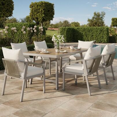 Tuinset met tafel en stoelen, ideaal voor 6 personen, bestaande uit 1 tafel en 6 stoelen, frame van gegalvaniseerde stalen buizen, tafelblad van kunststofhout, gevlochten touwdesign, kaki + beige