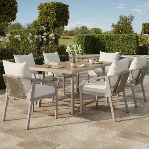 Garden Table And Chair Set, Garden Furniture Set, Ideal For 6 People, Contains 1 Table And 6 Chairs, Galvanized Steel Tube Frame, Plastic Wood Tabletop, Braided Rope Design, Khaki + Beige - Khaki - View 1