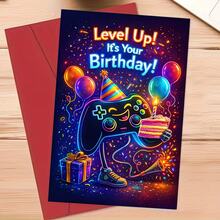 1 张贺卡 + 1 个信封，1 张电子游戏爱好者生日贺卡，送给青少年男孩，庆祝他的生日，贺卡图案包含游戏手柄、蛋糕、气球和礼物。 - 多色 - 查看 7