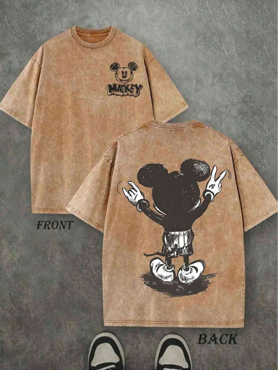 Disney T-shirt d'été pour homme, manches courtes, en pur coton lavé, motif Mickey Mouse, effet vieilli, coupe une pièce, tissu en pur coton, confortable et respirant, style streetwear décontracté, col rond ; une marque de mode de haute qualité, le cadeau surprise idéal pour la famille et les amis. - Marron - Voir 1