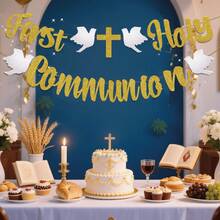 Colorful Flags Banner, God Bless Baptism Symbol Party Decor, Suitable For Christian Children Boys Girls Baby Shower Party Supplies, Gold Glitter - Multicolor - View 4