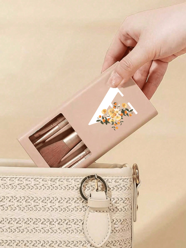 5件套便携式化妆刷套装，带镜子，印有橙色和花卉图案的A-Z字母，盒装化妆刷套装，多功能化妆刷套装，带镜子盒，迷你多功能化妆笔，粉底刷