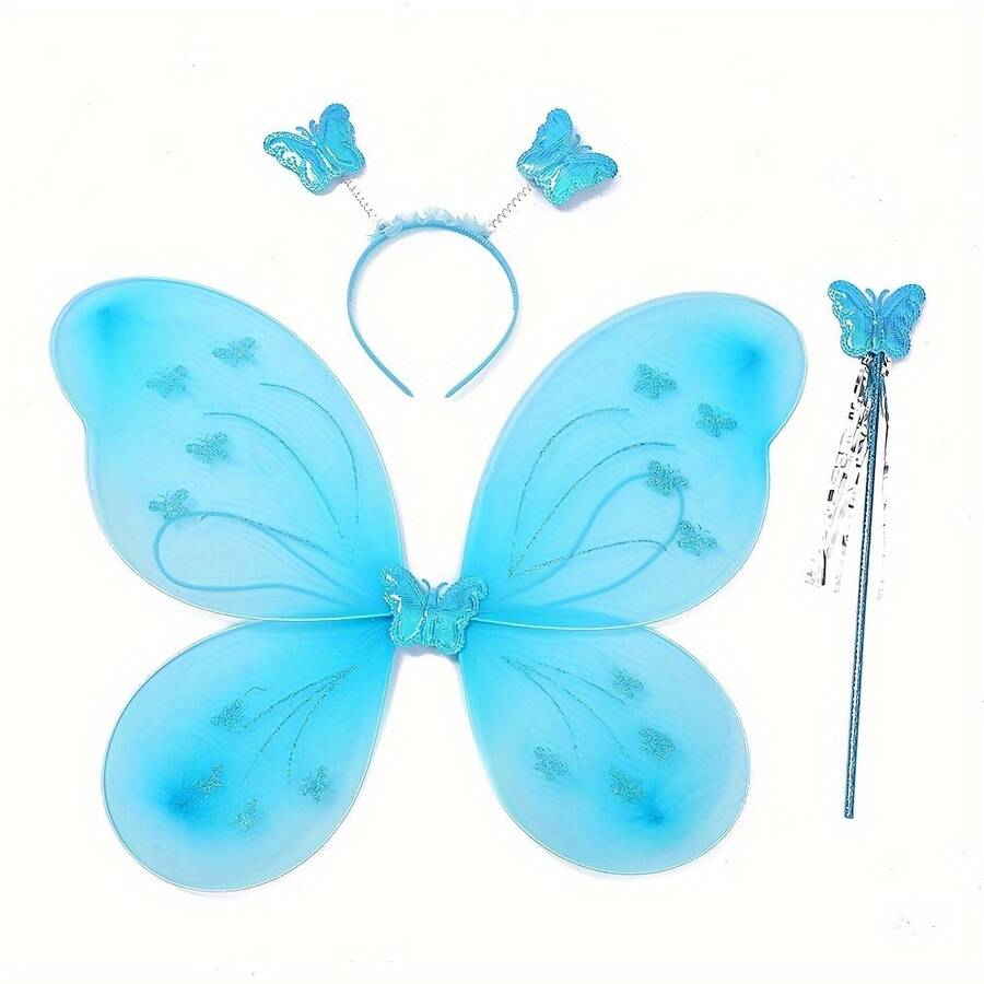 3件套节日派对用品,蝴蝶主题派对用品,蝴蝶翅膀仙女棒蓬蓬裙角色扮演节日舞台派对小公主仙女裙 - 藍色 - 查看 1