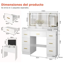 Tocador con Espejo LED y Taburete, 116 x 38 x 138 cm, Tocador con Iluminación LED Ajustable de 3 Colores, Mesa de Maquillaje con Enchufes y 7 Cajones de Almacenamiento, Soporte para Secador de Pelo, Blanco, Envío en 2 Paquetes - Enchufe EU Tipo E(220-240V) - Ver 8