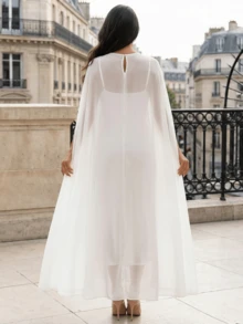Chiffon Cape For Women Sheer Mesh Shawl Wraps Asymmetrical Flowy Capelets For Evening Dress Crop Cover Up Poncho - 白色 - 查看 8