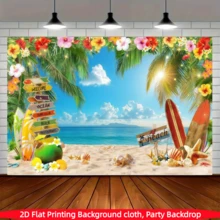 1PC,2D Flat,Hawaiian Beach Background Banner, Summer Hawaiian Tropical Palm Tree Photography Background, Polyester Material, Suitable For Indoor/Outdoor Hawaiian Parties, Birthdays, Weddings, Summer Decoration, Photo Booth Background, Holiday Party Supplies - A - View 3