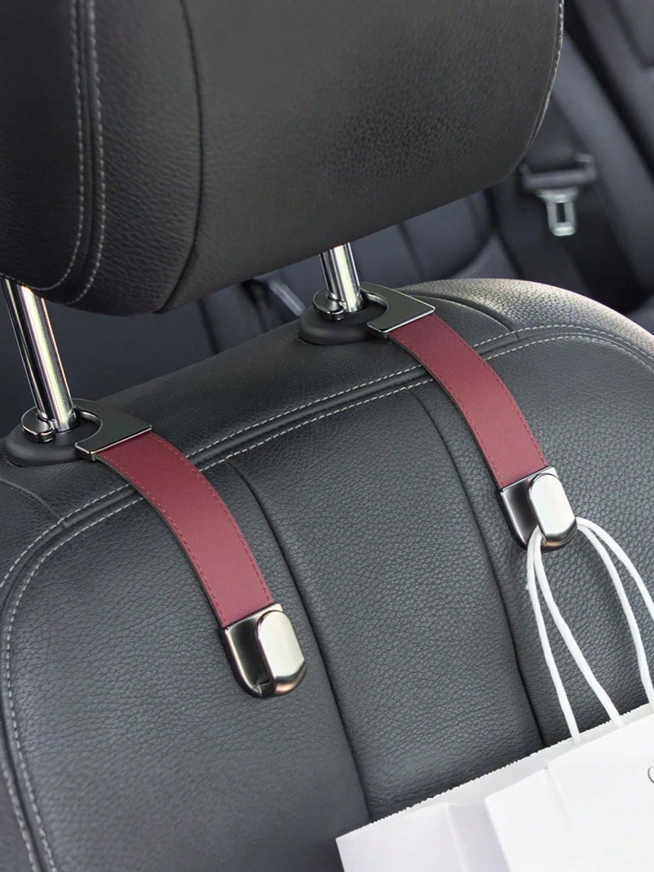 Foldable Metal Seat Back Hook With Leather Strap - High Load Bearing, Scratch-Resistant Design, Suitable For Backpacks, Water Bottles And Handbags, Ideal Rear Seat Storage Option