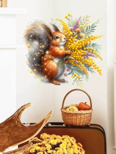 Hình dán tường hình sóc cầm hoa, thích hợp cho phòng ngủ, phòng khách, phòng học, có thể tháo rời, bề mặt mờ, decal dán tường bằng vinyl, trang trí mùa xuân, mang lại sức sống cho ngôi nhà của bạn, quà tặng hình dán trang trí Rama, quà sinh nhật/tốt nghiệp.