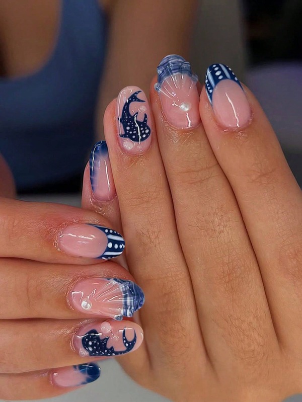 24pcs Short Oval 3D Gel Nail Stickers, Create Ocean Theme Nails, Patterns Include Whales, Seashells And Pearl Decor, French Tip Style, Short Length Fits Perfectly, Acrylic Fake Nails Set Includes: 1pc Jelly Gel And 1pc Nail File, French Manicure, Suitable For Women, Girls Daily, Festivals And Parties