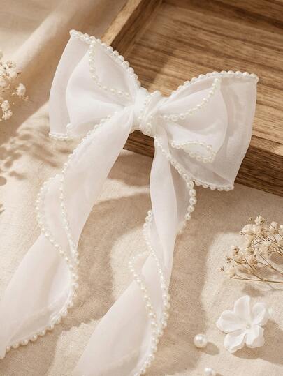 1pc Pearl Decor Bow Hair Clip, Elegant Women Hair Accessory For Wedding, Party, Beach, Daily Wear, Summer