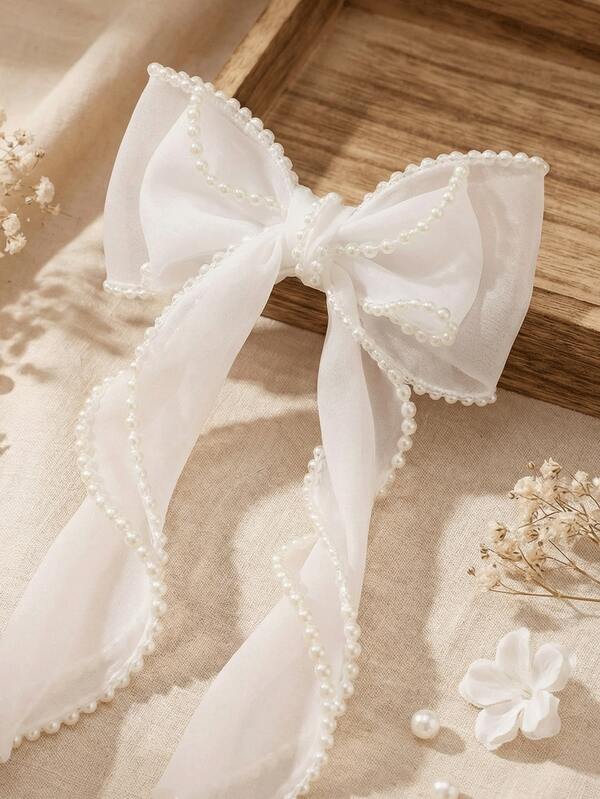 1pc Pearl Decor Bow Hair Clip, Elegant Women Hair Accessory For Wedding, Party, Beach, Daily Wear, Summer