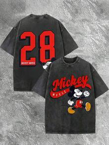 T-shirt d'été pour homme Disney Mickey Mouse, orné de 28 éléments, finition vieillie, coupe une pièce, en pur coton, confortable et respirant, style streetwear décontracté, col rond ; une marque de mode de haute qualité, un cadeau surprise idéal pour la famille et les amis. - Noir - Voir 1