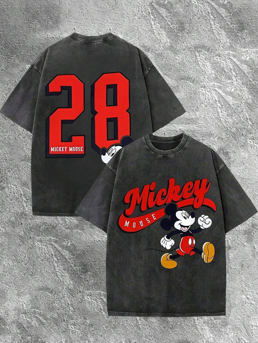 T-shirt d'été pour homme Disney Mickey Mouse, orné de 28 éléments, finition vieillie, coupe une pièce, en pur coton, confortable et respirant, style streetwear décontracté, col rond ; une marque de mode de haute qualité, un cadeau surprise idéal pour la famille et les amis. - Noir - Voir 1