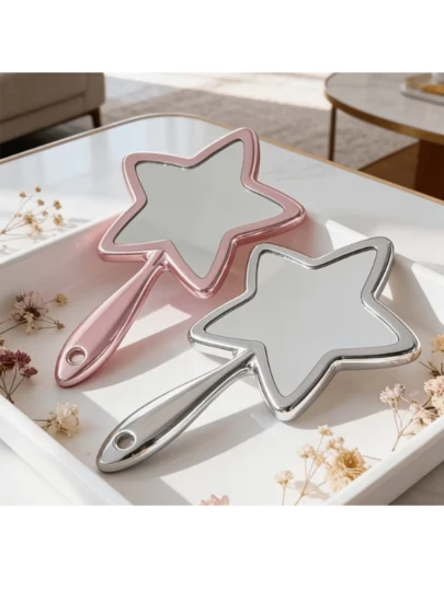 Electroplated Pentagram Handheld Mirror, Silver & Pink Color Options, Shiny Mirror Surface, Portable Compact Mirror, Multi-Scenario Home Decor, Christmas/Wedding/Valentine's Day Gift, Christmas Fantasy Gift