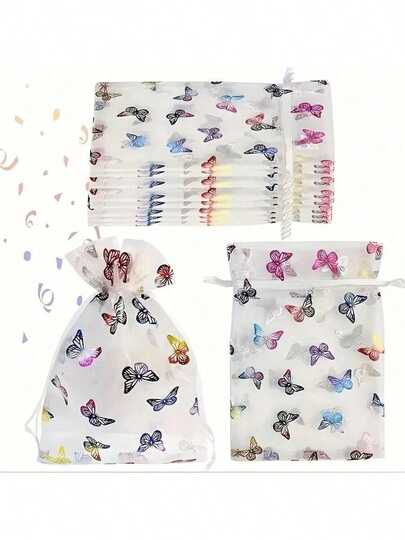10/20/30/50 buc. pungi colorate cu șnur din organza, cu perle fluture, ștanțate la cald, potrivite pentru depozitarea bijuteriilor și cadourilor (imprimare fluture plasată aleatoriu)