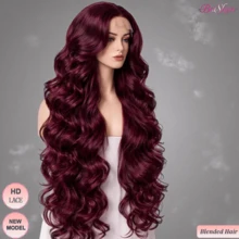 13x4 波浪卷蕾丝前假发，真人混纺发丝，200% 密度，26 英寸高清蕾丝真人前额假发，带婴儿绒毛，#99J 酒红色 - SBUG/99J - 查看 2