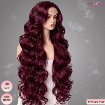 13x4 Body Wave Lace Front Wigs Human Blended Hair 200% Density 26 Inch HD Lace Human Frontal Hair Wigs For Women With Baby Hair #99J Burgundy