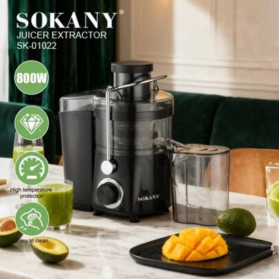  SOKANY 01022 家用离心式榨汁机，多功能慢速榨汁机，800W 强劲电机，1500ml 大容量，螺旋挤压技术，70mm 宽进料口，99% 纯果汁出汁率，是健康早餐、减肥餐、婴儿辅食等的理想之选。