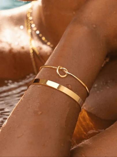 2pcs Stainless Steel Bangle Set, Fashionable Minimalist Heart Knot Open Cuff Bracelet, Smooth Finish Open Bangle, Lightweight Luxury Personalized Accessories Suitable For Girls And Women