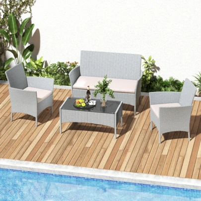 GartistGo 4 Piece Patio Rattan Furniture Sofa Weaving Wicker Includes 2 Armchairs,1 Double Seat Sofa And 1 Table,Grey Rattan Garden Furniture Set