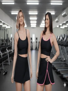 Kit 2 Conjunto Feminino Academia Top Cropped e Shorts Saia Slim Cintura Alta - Pink e Preto - Visão 1