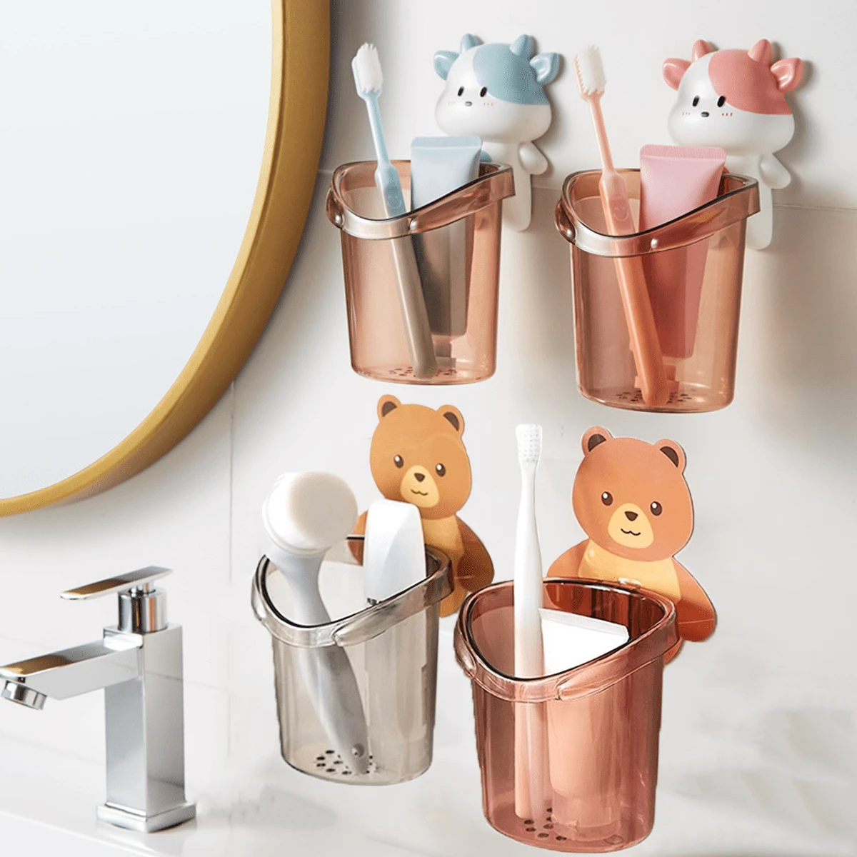 1 Piece Cute Bear Shaped Self-Adhesive Wall Mounted Plastic Toothpaste Holder,Bathroom Bear Hug Toothbrush Cup,Toothpaste Storage Rack,Bathroom Wall Mounted Drainage Bear Storage Cups Children's Toothbrush Holder Set,Bathroom Storage Organizer,Suitable For Toothbrush, Toothpaste, Razors, Combs, Brushes, Bathroom, Shower, Plastic Self-Adhesive Wall Mounted Electric Toothbrush Holder - Multicolor - View 1