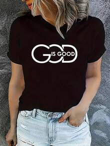 Camiseta de cuello redondo con estampado "Dios es bueno", top informal de manga corta - Negro - Ver 1