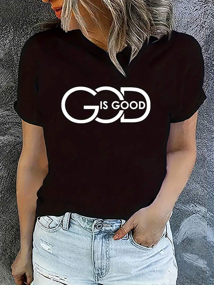 Camiseta de cuello redondo con estampado "Dios es bueno", top informal de manga corta - Negro - Ver 1