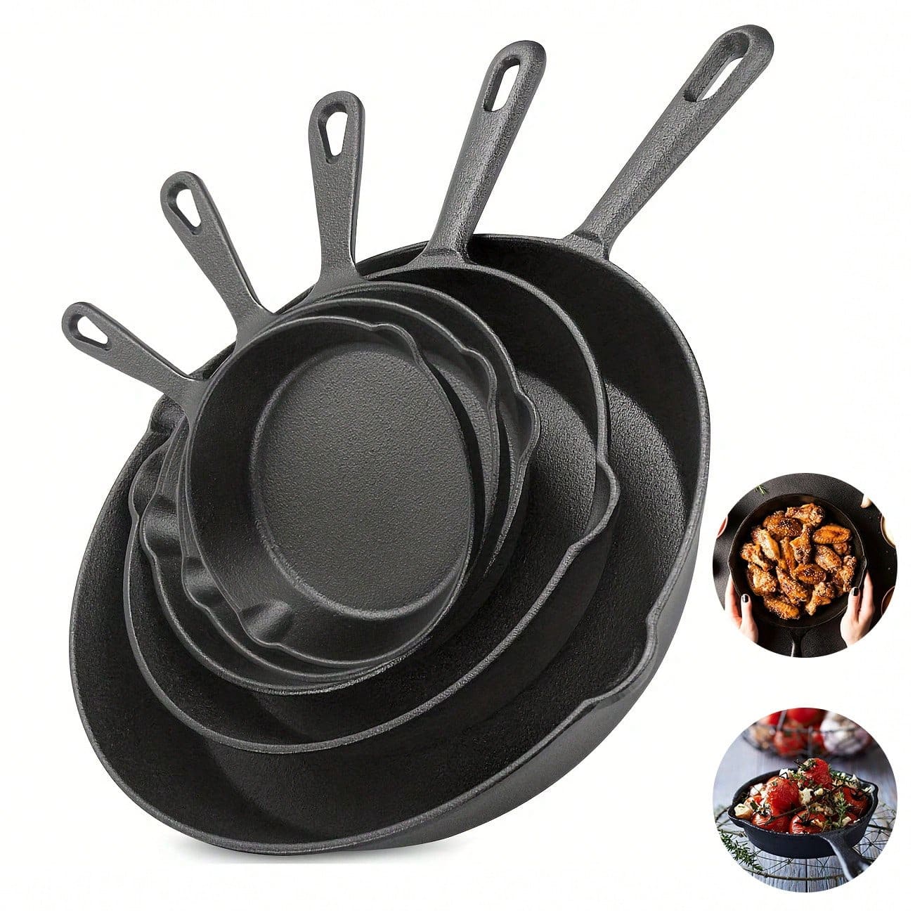 3/4/5PCS Cast Iron Skillet, Frying Pan With Drip Spout, Pre-Cooked Oven Cookware, Indoor And Outdoor Cooking For Camping, Grilling, Restaurant Chef Quality,Kitchen Cooking Tools, Pots, Frying Pans - 查看 1
