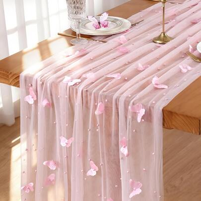 1 Pack Pearl Butterfly Lace Table Runner, Seasonal Tulle Dining Holiday Wedding Birthday Baby Shower Table Decor For Home Party